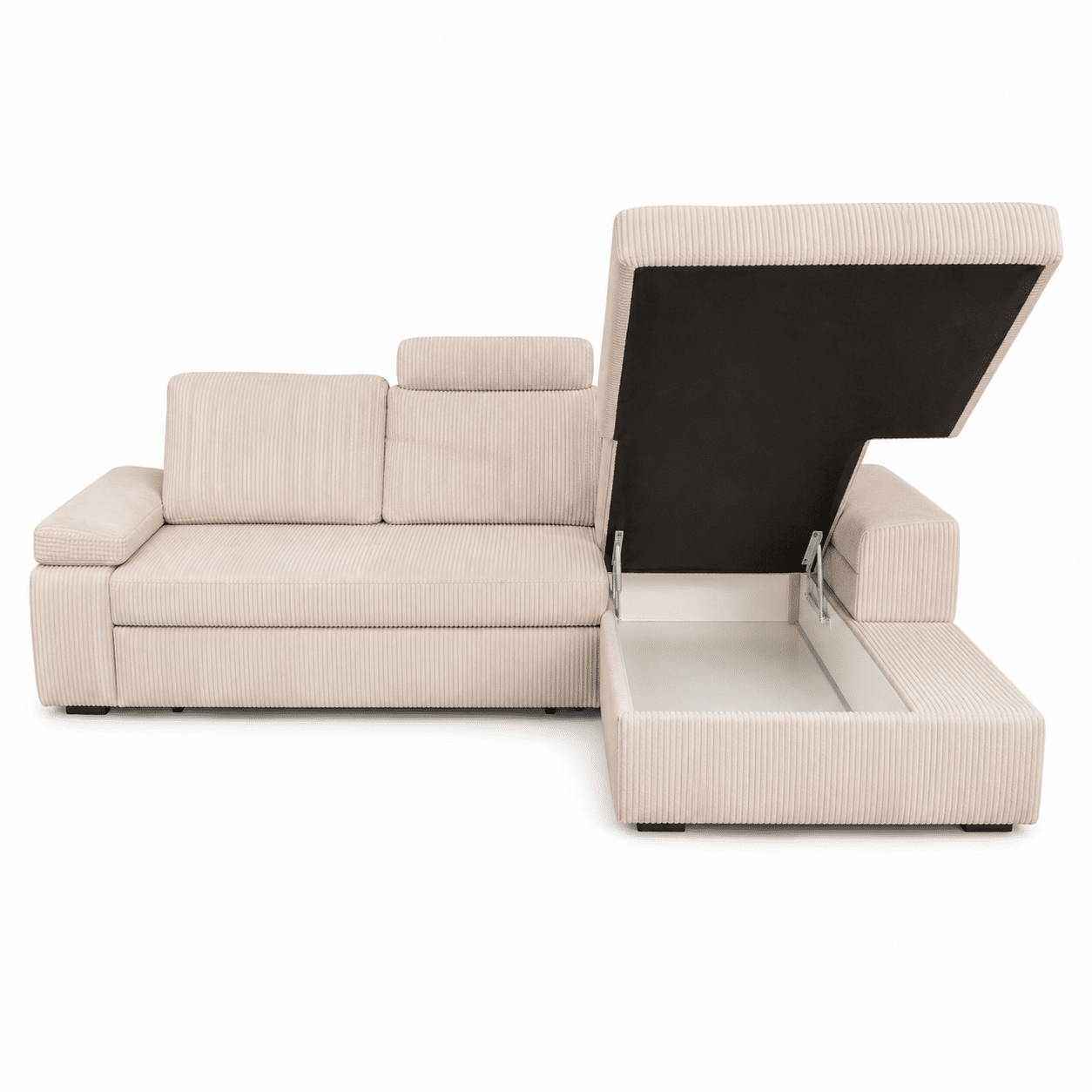 Canapé d'angle convertible NIGROM avec noyau à ressorts coffre de rangement et têtières réglables en tissu beige – Image 2