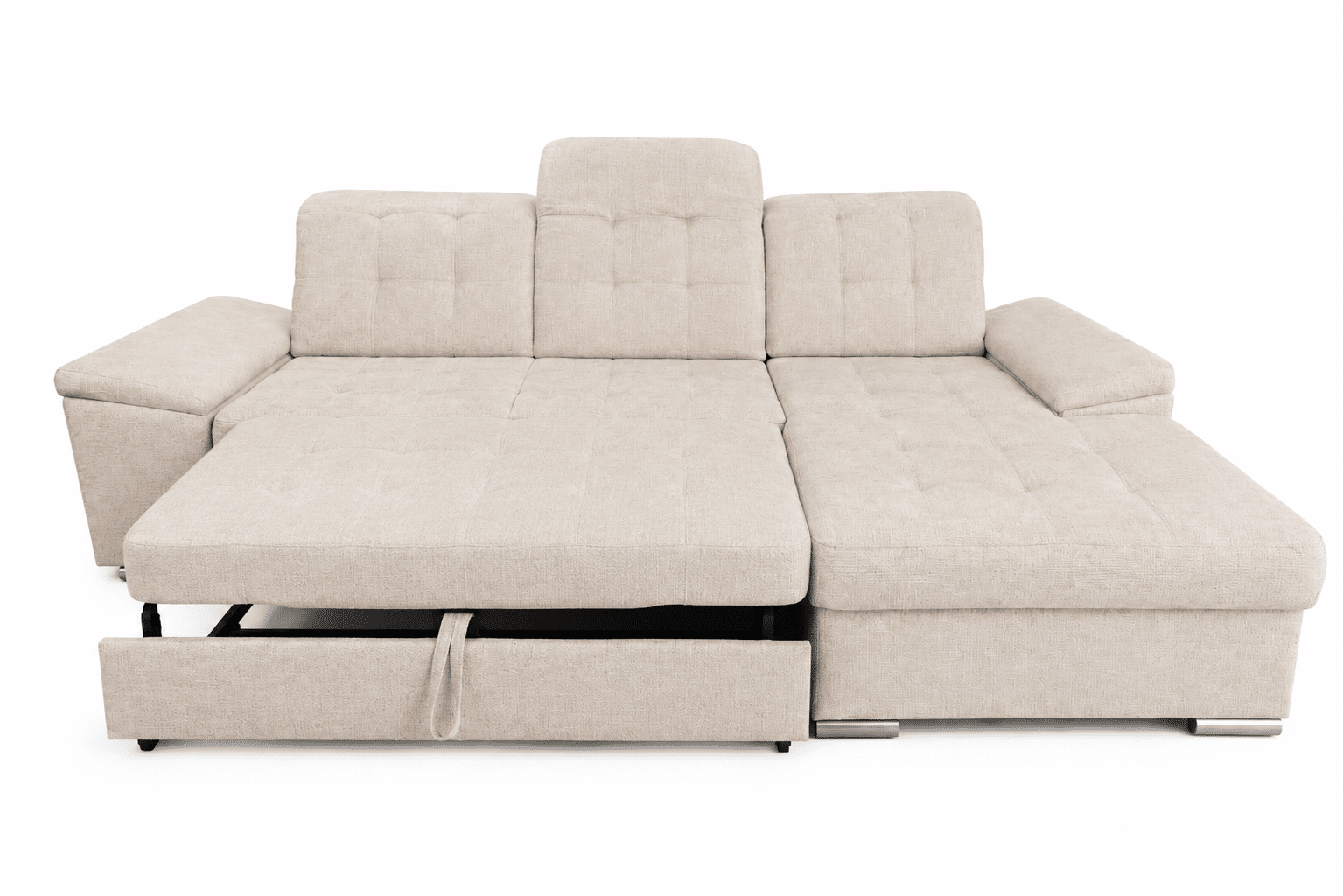 Canapé d'angle convertible NIGROM avec noyau à ressorts coffre de rangement et têtières réglables en tissu beige – Image 3