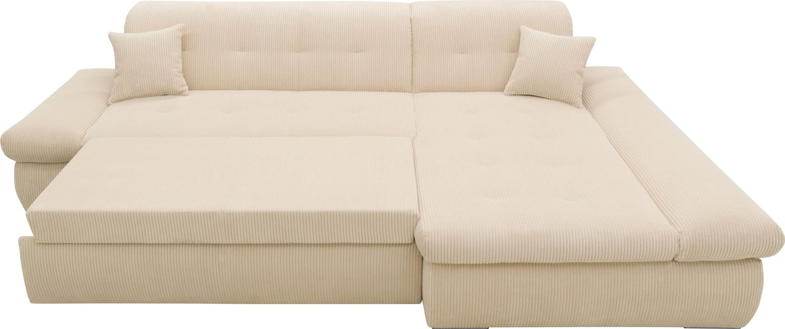 Canapé d’angle convertible Moric, XXL largeur 300cm avec accoudoirs réglables en velours côtelé beige – Image 4