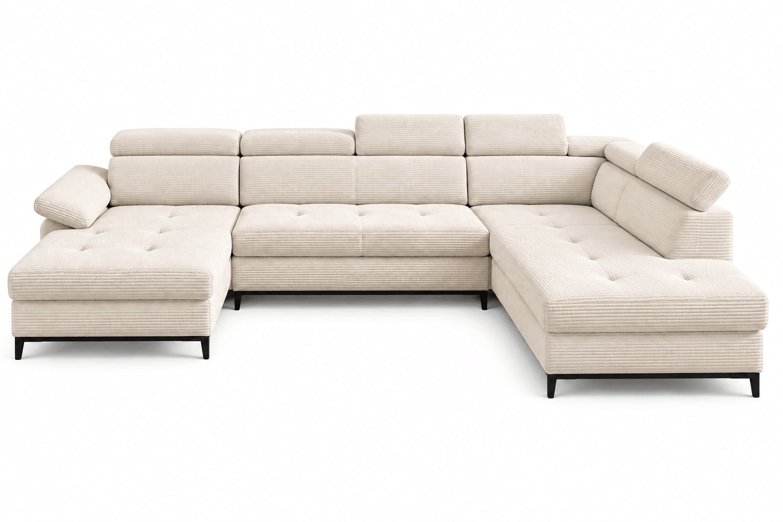 Canapé «saturne» panoramique convertible angle Gauche ou Droite avec coffre de rangement et têtière réglable en velours côtelé beige – Image 2