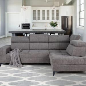 Canapé d’angle convertible LEON avec coffre de rangement et têtières réglables en tissu gris