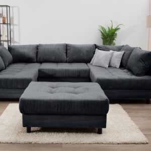Canapé convertible panoramique avec le pouf en velours côtelé Anthracite