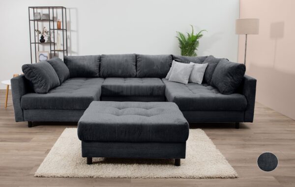 Canapé convertible panoramique avec le pouf en velours côtelé Anthracite