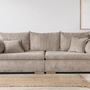 Grand canapé droit Katja XXL, en velours côtelé taupe : 275 cm