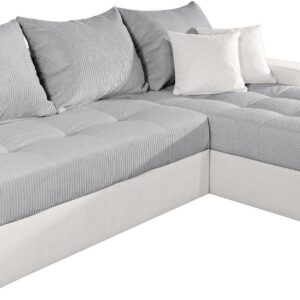 Canapé d’angle convertible Josy avec le pouf en microfibre beige et velours côtelé gris