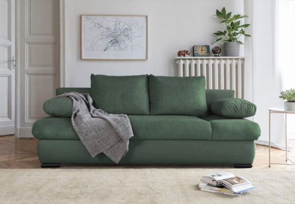 Canapé-lit Chicago avec coffre de rangement en microfibre vert et velours côtelé vert