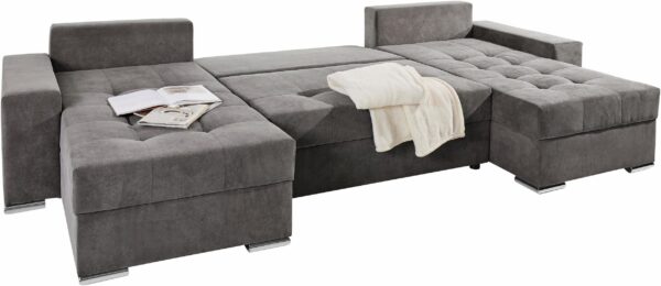 Canapé convertible panoramique avec coffre de Rangement Intégré en tissu gris – Image 2