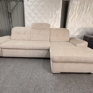 Canapé d'angle convertible NIGROM avec noyau à ressorts coffre de rangement et têtières réglables en tissu beige