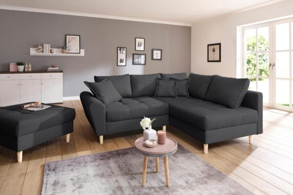 Canapé d’angle convertible et réversible RICE avec le pouf en tissu anthracite