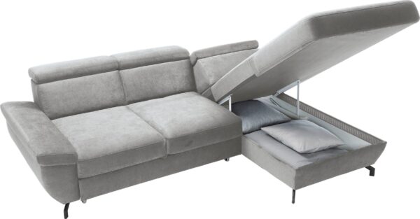 Canapé d’angle convertible Rima avec coffre de rangement et réglage de la profondeur de l’assise et réglage têtière en tissu argent – Image 3