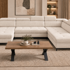 Canapé «saturne» panoramique convertible angle Gauche ou Droite avec coffre de rangement et têtière réglable en velours côtelé beige