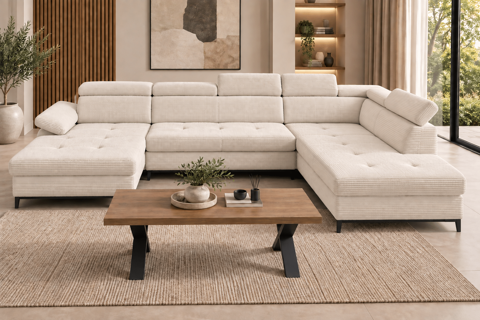 Canapé «saturne» panoramique convertible angle Gauche ou Droite avec coffre de rangement et têtière réglable en velours côtelé beige