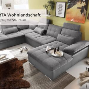 Canapé convertible panoramique Jacky avec d’appui-tête variable et coussins rénaux  en simili gris et tissu gris
