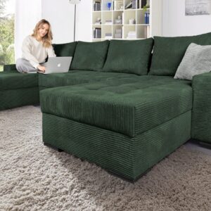Canapé convertible panoramique avec coffre de Rangement Intégré en velours côtelé vert