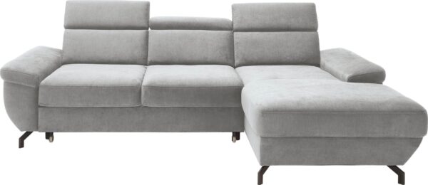 Canapé d’angle convertible Rima avec coffre de rangement et réglage de la profondeur de l’assise et réglage têtière en tissu argent – Image 2
