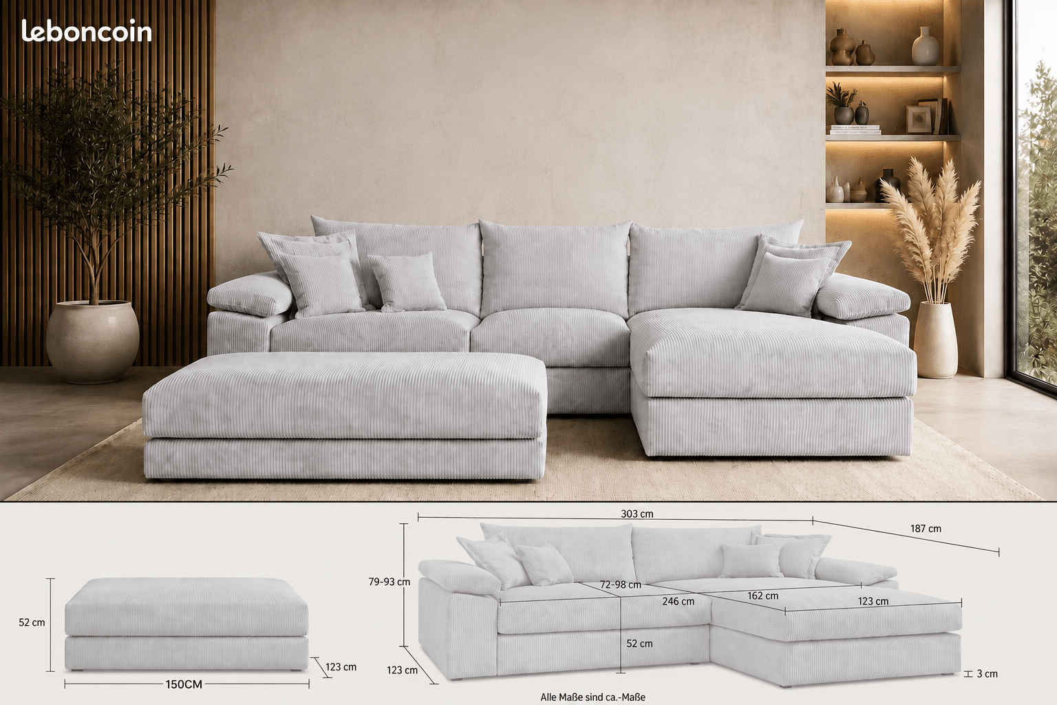 Canapé d’angle réversible Soft Cosy XXL en velours côtelé gris 303 cm avec le pouf – Image 2