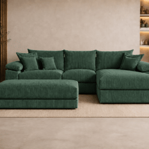 Canapé d’angle réversible Soft Cosy XXL en velours côtelé vert 303 cm avec le pouf
