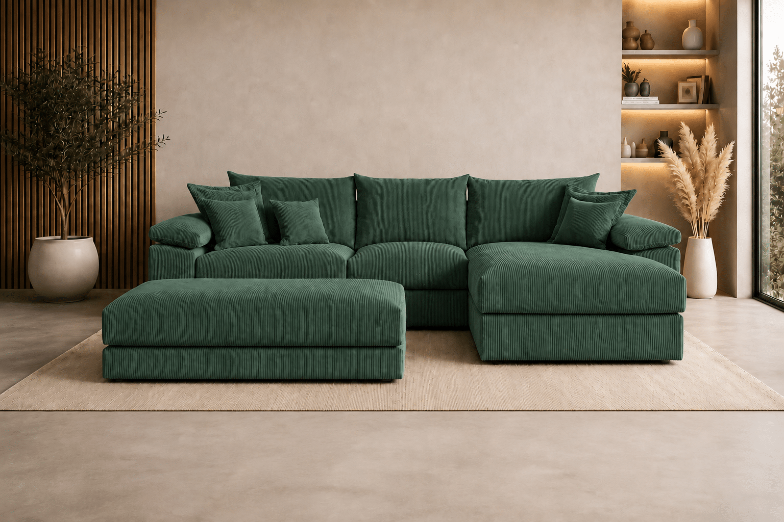Canapé d’angle réversible Soft Cosy XXL en velours côtelé vert 303 cm avec le pouf