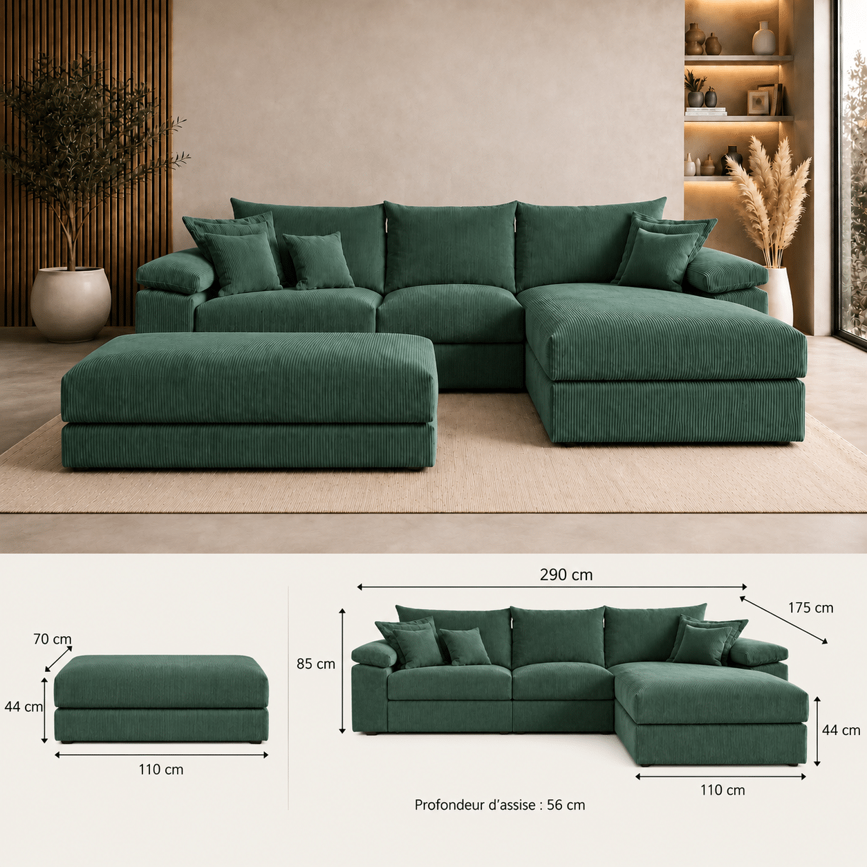 Canapé d’angle réversible Soft Cosy XXL en velours côtelé vert 303 cm avec le pouf – Image 2