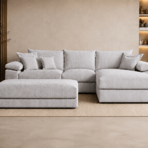Canapé d’angle réversible Soft Cosy XXL en velours côtelé gris 303 cm avec le pouf