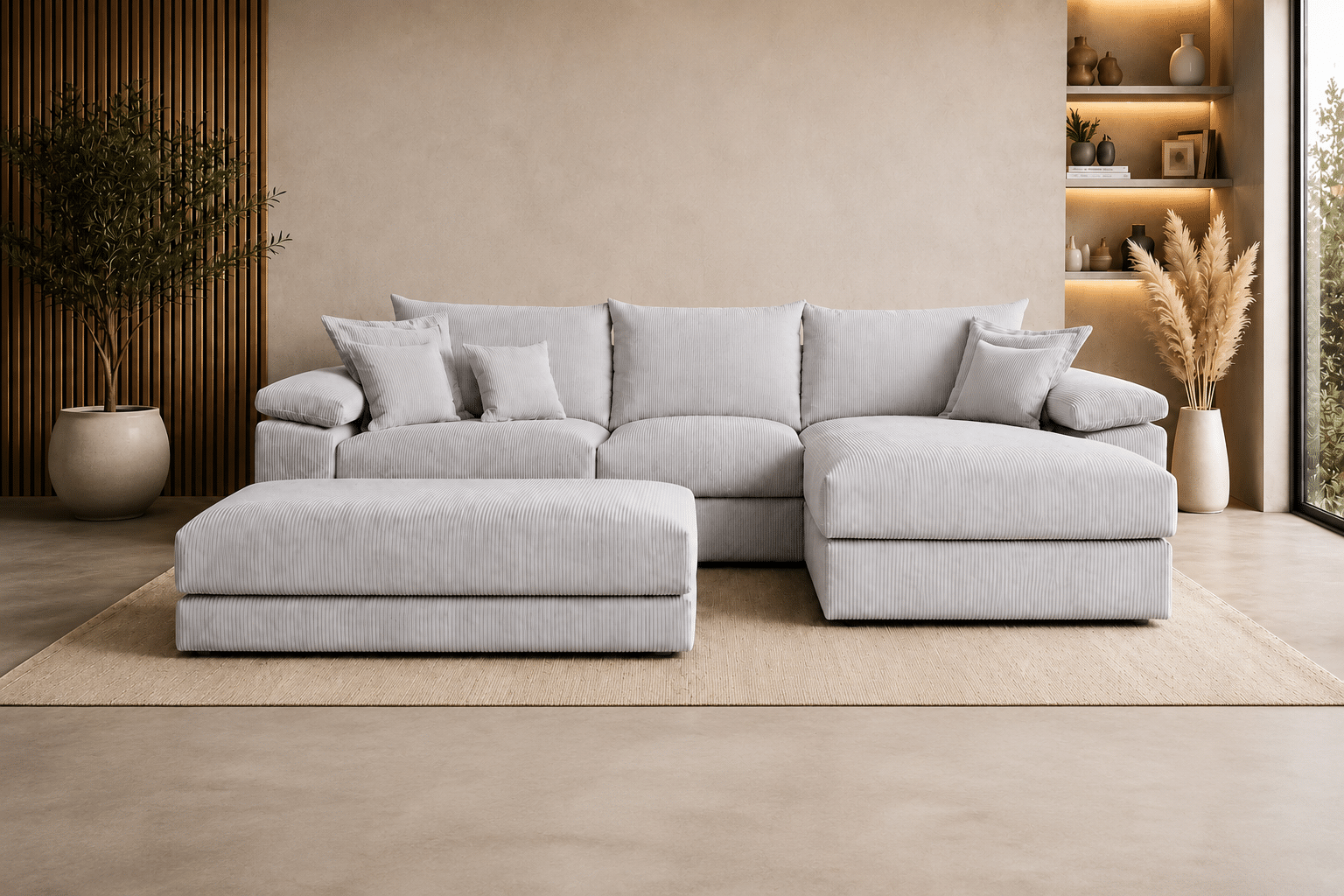 Canapé d’angle réversible Soft Cosy XXL en velours côtelé gris 303 cm avec le pouf
