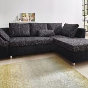 canapé angle convertible et réversible SALLY en microfibre noir et tissu noir/blanc