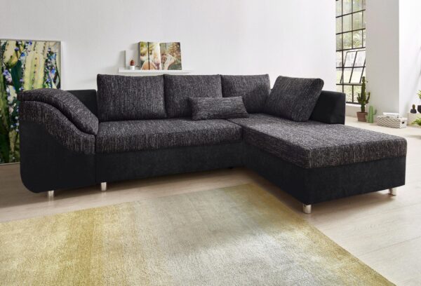 canapé angle convertible et réversible SALLY en microfibre noir et tissu noir/blanc