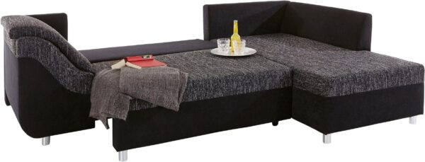 canapé angle convertible et réversible SALLY en microfibre noir et tissu noir/blanc – Image 3