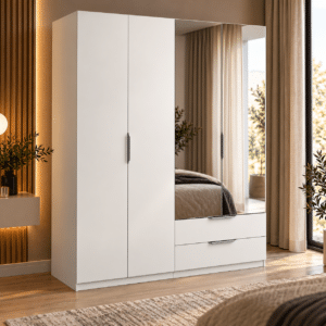 Armoire 4 portes avec miroir – GHOST – Blanc – 157,3 x 51,1 x 203 cm – DEMEYERE