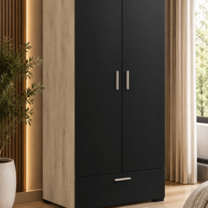 IZZY NOIR-CHÊNE – ARMOIRE 2 PORTES PENDERIE AVEC RAYON CHAPEAU ET TIROIR