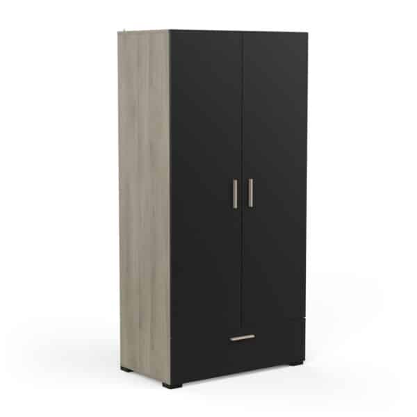 IZZY NOIR-CHÊNE – ARMOIRE 2 PORTES PENDERIE AVEC RAYON CHAPEAU ET TIROIR