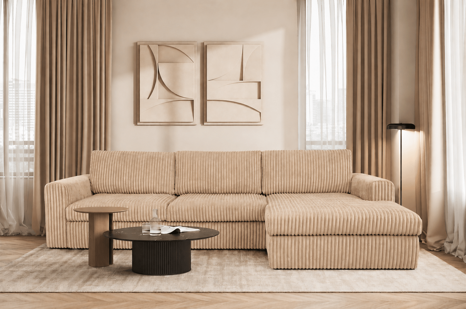 canapé angle XL NOX en velours côtelé taupe