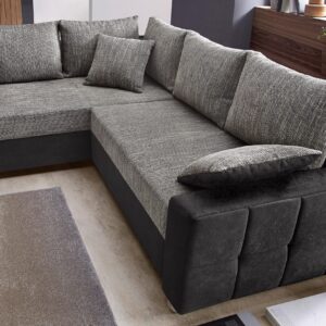 Canapé d’angle convertible et réversible Parme avec coffre de rangement en microfibre noir et tissu gris
