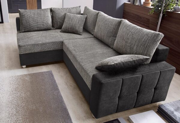 Canapé d’angle convertible et réversible Parme avec coffre de rangement en microfibre noir et tissu gris