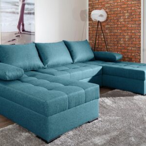 Canapé convertible panoramique avec coffre de Rangement Intégré en tissu bleu pétrole
