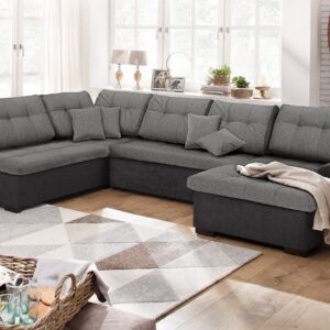 canapé panoramique Föhr en microfibre noir et tissu gris clair