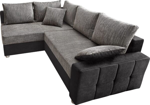 Canapé d’angle convertible et réversible Parme avec coffre de rangement en microfibre noir et tissu gris – Image 2
