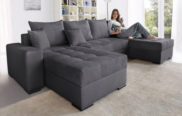 Canapé convertible panoramique GABRIEL avec coffre de rangement  en microfibre anthracite et velours côtelé gris  anthracite
