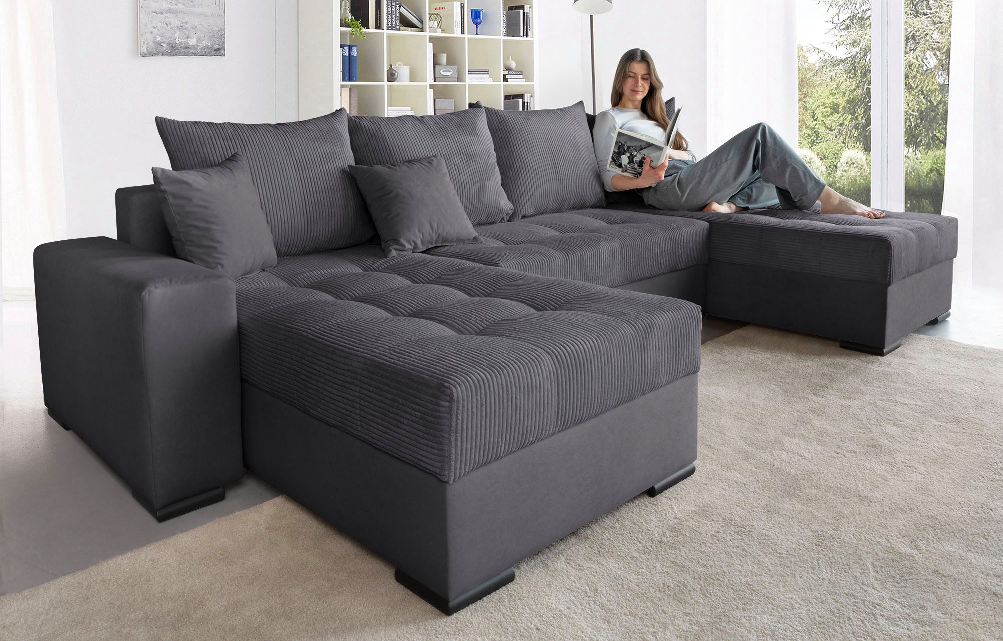 Canapé convertible panoramique GABRIEL avec coffre de rangement  en microfibre anthracite et velours côtelé gris  anthracite