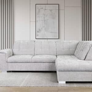 canapé d'angle gauche ou droit convertible Bingo avec têtières relevables et coffre de rangement en tissu gris/blanc
