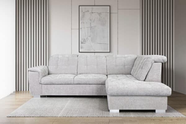 canapé d'angle gauche ou droit convertible Bingo avec têtières relevables et coffre de rangement en tissu gris/blanc
