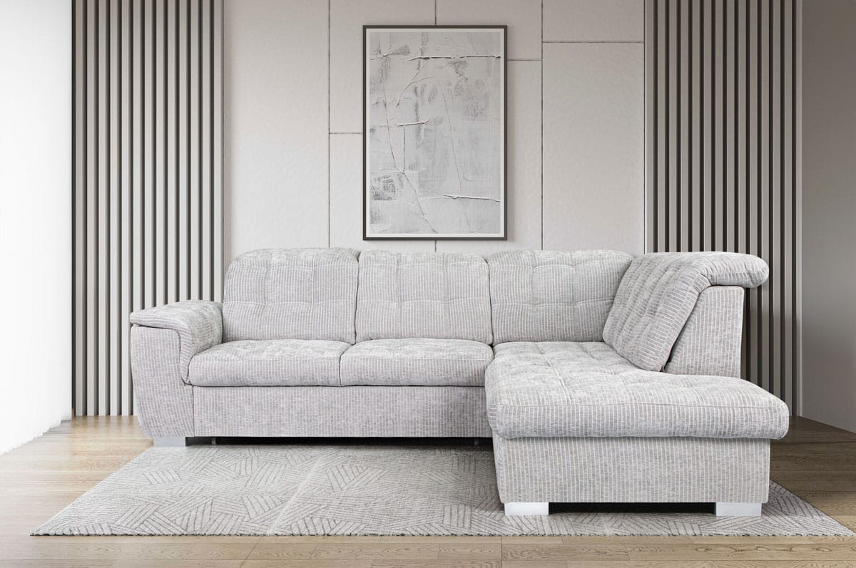 canapé d'angle gauche ou droit convertible Bingo avec têtières relevables et coffre de rangement en tissu gris/blanc