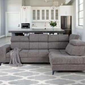 Canapé d’angle gauche ou droit convertible SAHARA avec coffre rangement et têtière réglable en tissu taupe