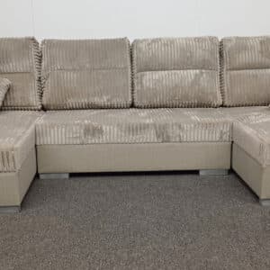 canapé panoramique convertible avec coffre de rangement en tissu beige et velours côtelé taupe