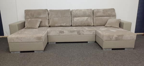 canapé panoramique convertible avec coffre de rangement en tissu beige et velours côtelé taupe