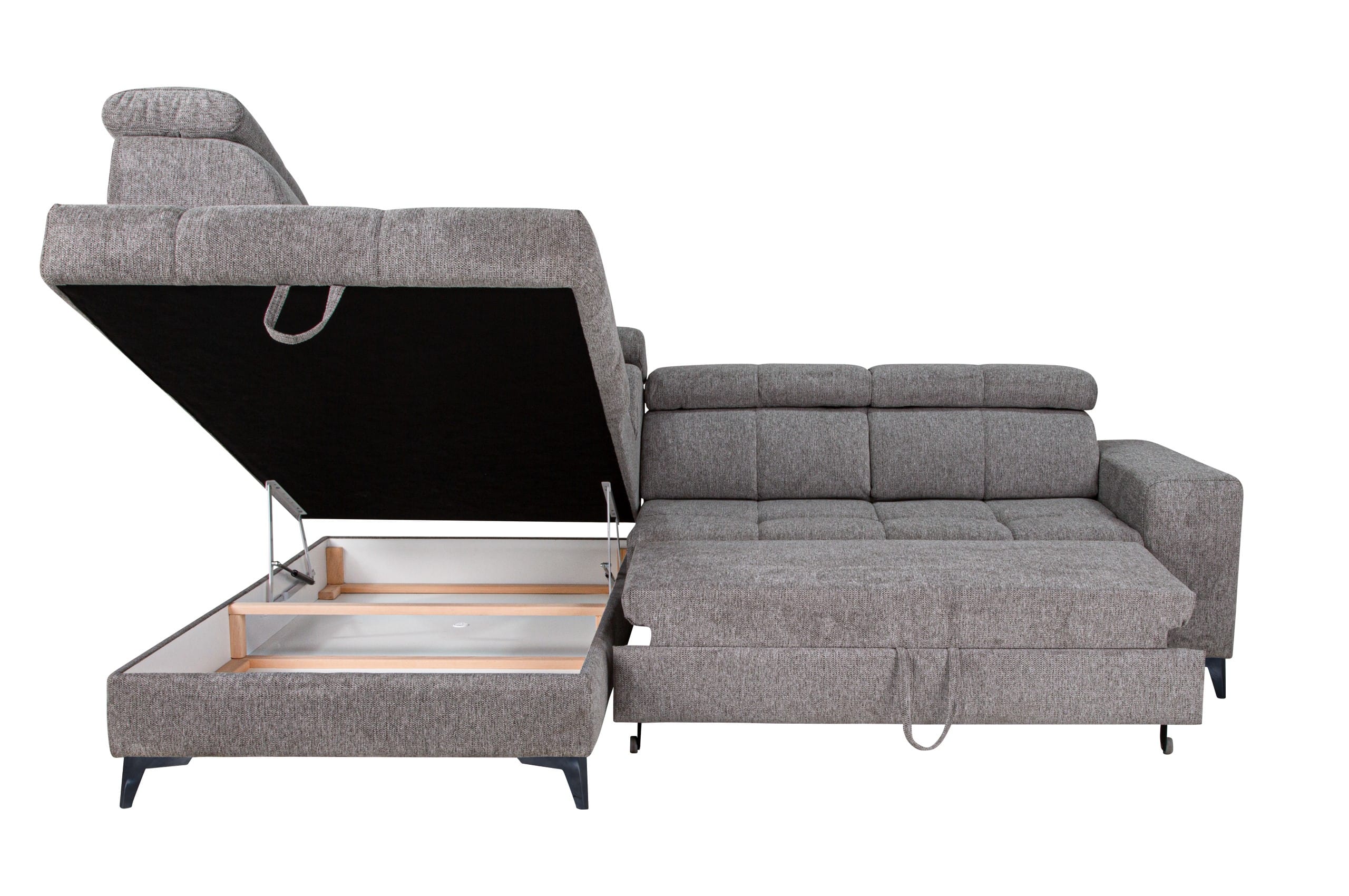 Canapé d’angle gauche ou droit convertible SAHARA avec coffre rangement et têtière réglable en tissu taupe – Image 3