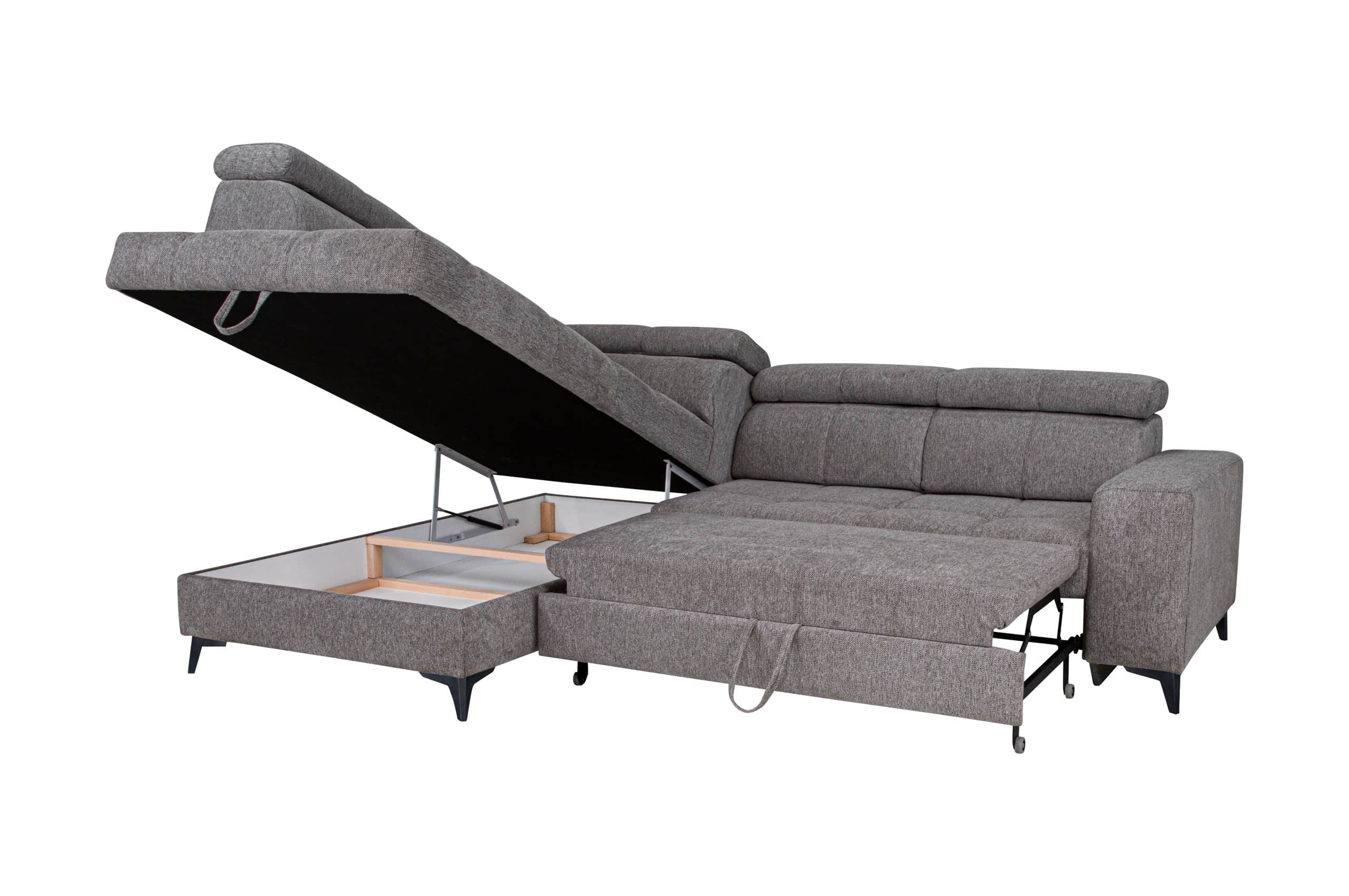 Canapé d’angle gauche ou droit convertible SAHARA avec coffre rangement et têtière réglable en tissu taupe – Image 2