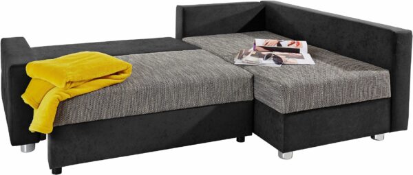 Canapé d’angle convertible et réversible Parme avec coffre de rangement en microfibre noir et tissu gris – Image 3