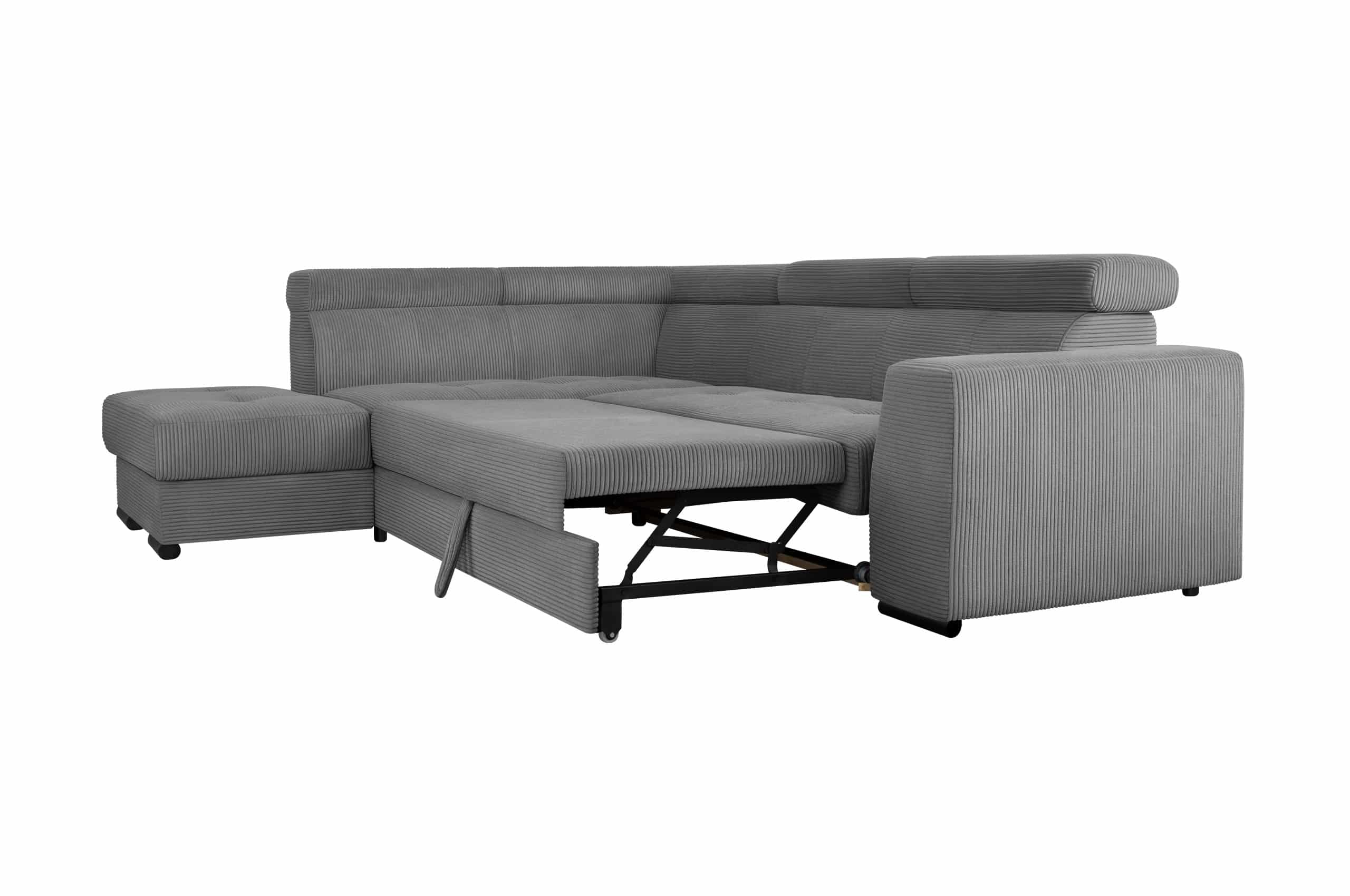 Canapé d'angle gauche ou droit convertible SPRINT têtières réglables avec coffre de rangement et un pouf ranger devant en côtelé gris – Image 4