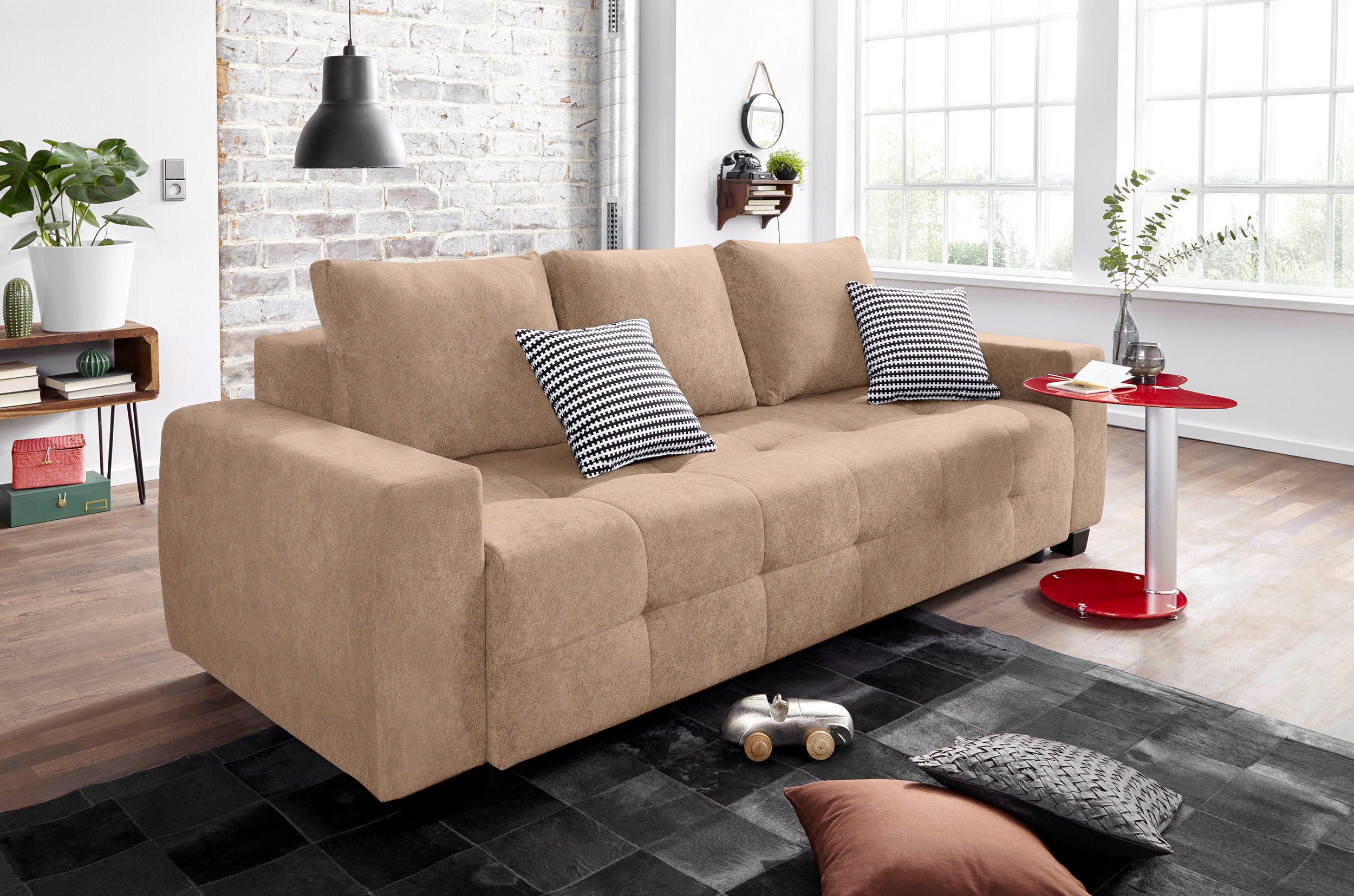 Canapé convertible Bella avec coffre de rangement en microfibre marron clair